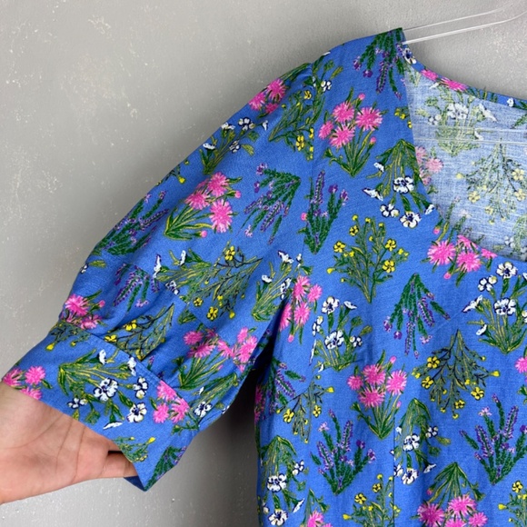 LOFT size 10 U neck puff sleeve short dress fit & flare blue floral linen blend - Picture 5 of 13